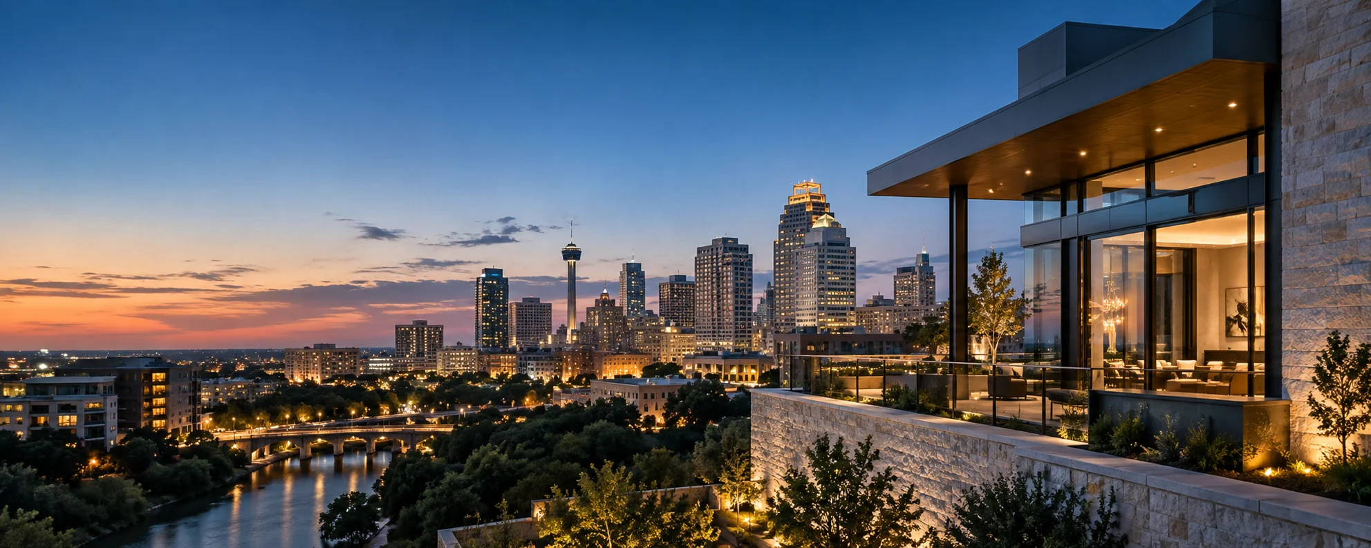 Illustrative contemporary architecture overlooking a Texas-inspired city at dusk