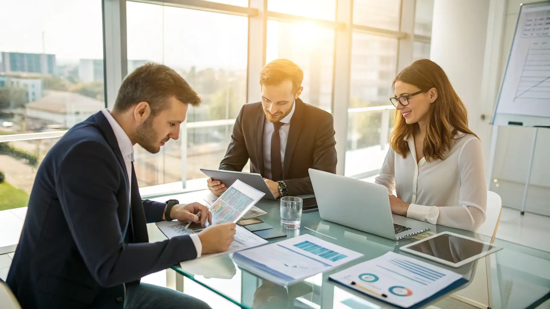 A modern office setting with real estate agents and lenders collaborating on a deal, showcasing a partnership with Sterling National Title.