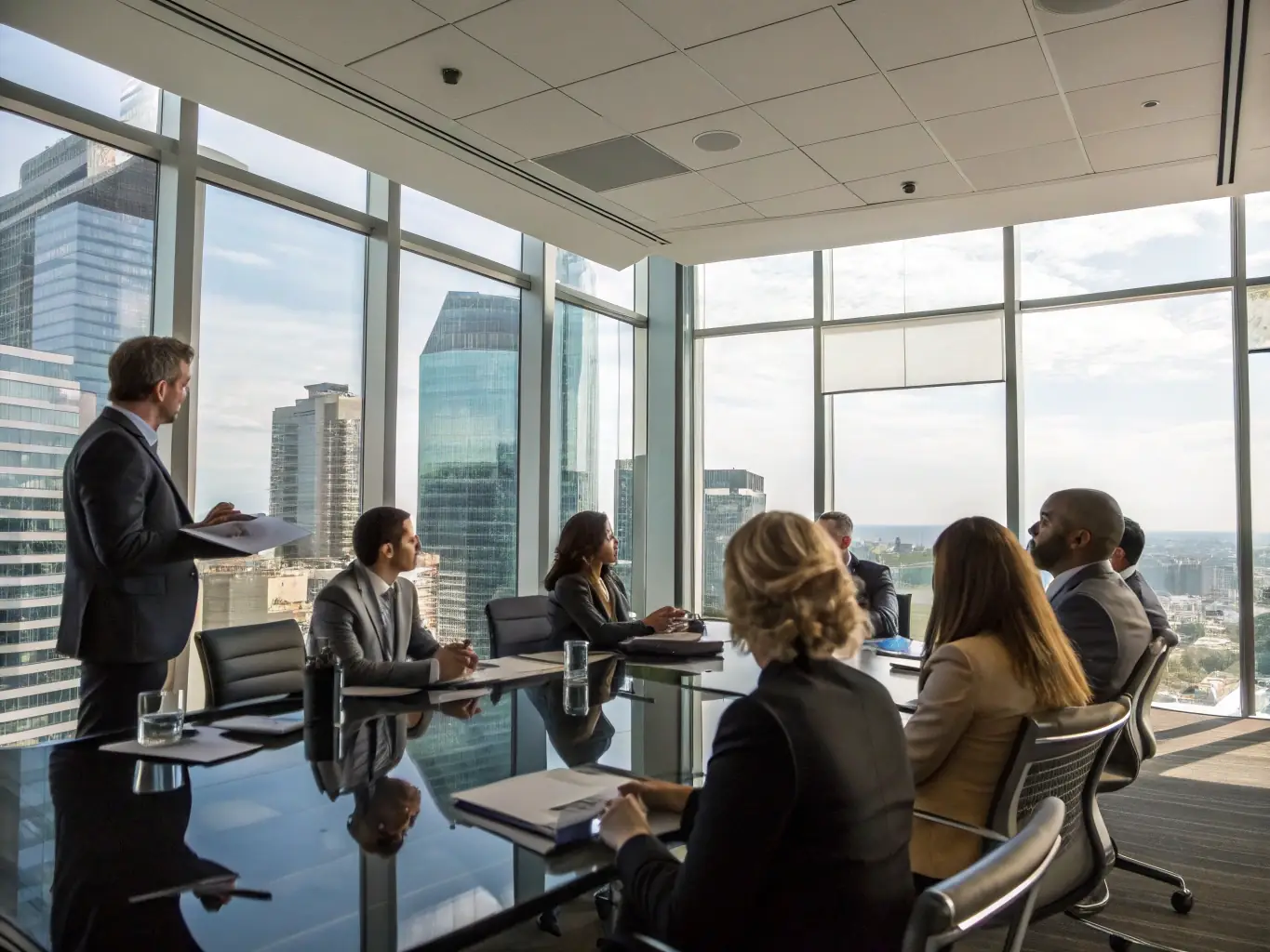 A modern office building with a group of professionals in suits reviewing documents, representing the complexity and expertise involved in commercial real estate transactions handled by Sterling National Title.