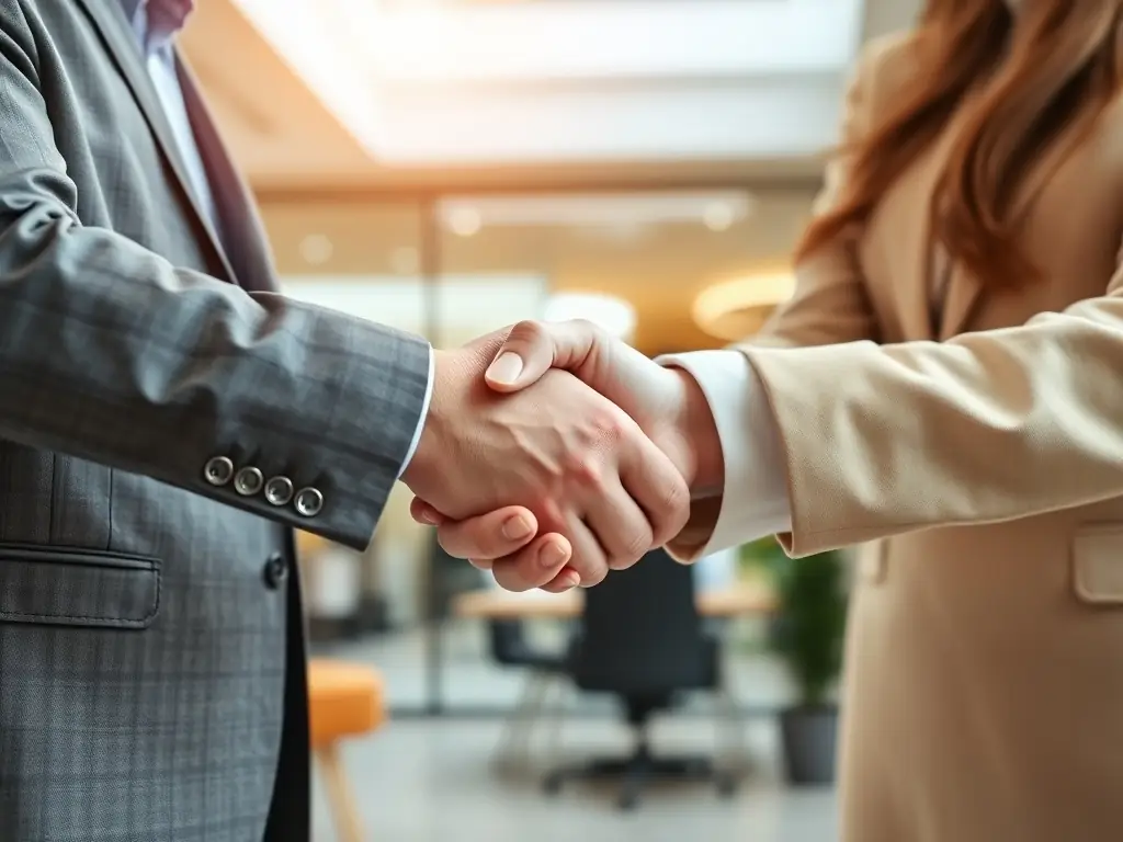 A realtor shaking hands with a Sterling National Title representative over closing documents, symbolizing a successful partnership.