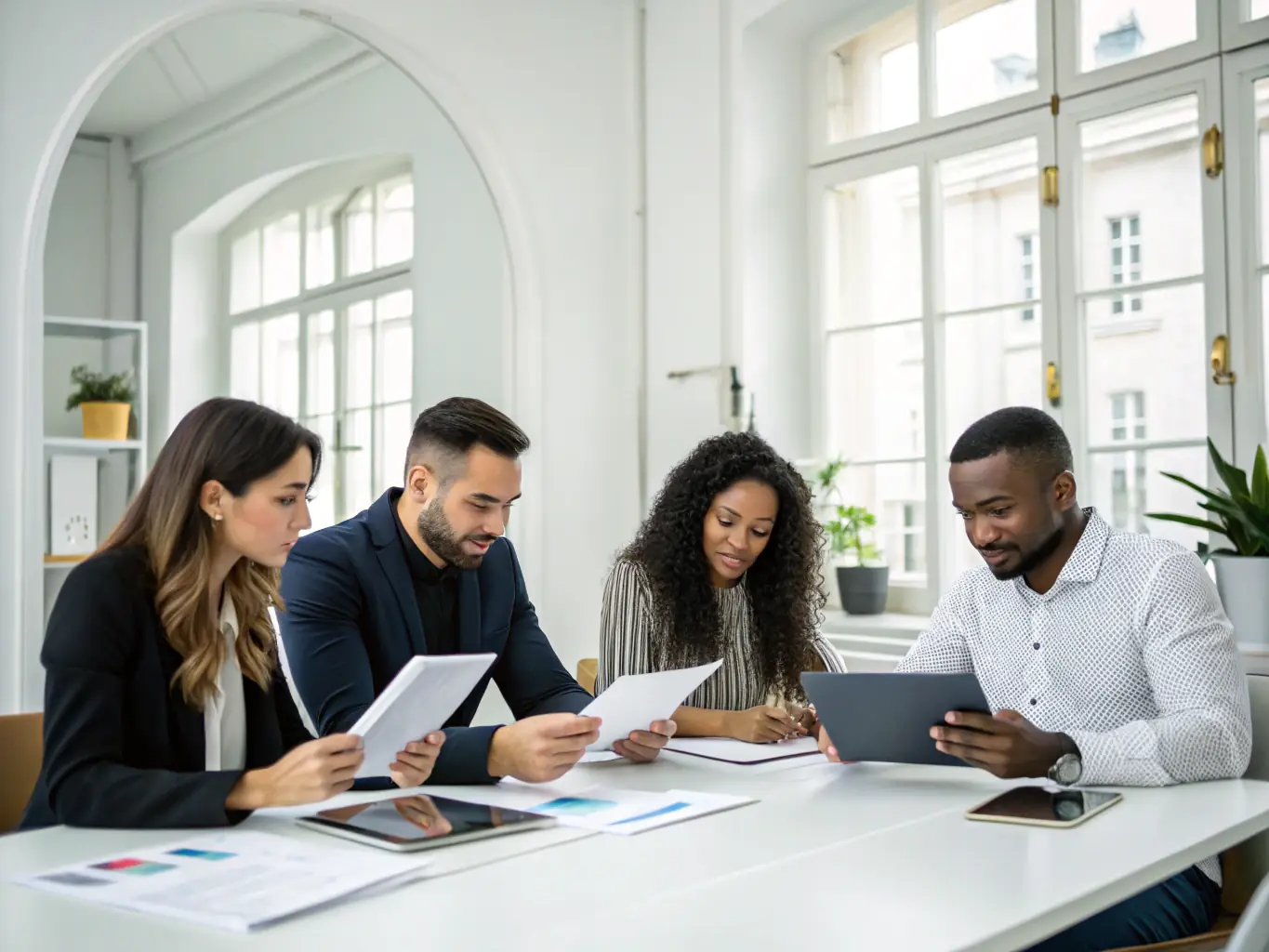 A team of title experts collaborating in a modern office, reviewing documents and discussing strategies for a smooth transaction.