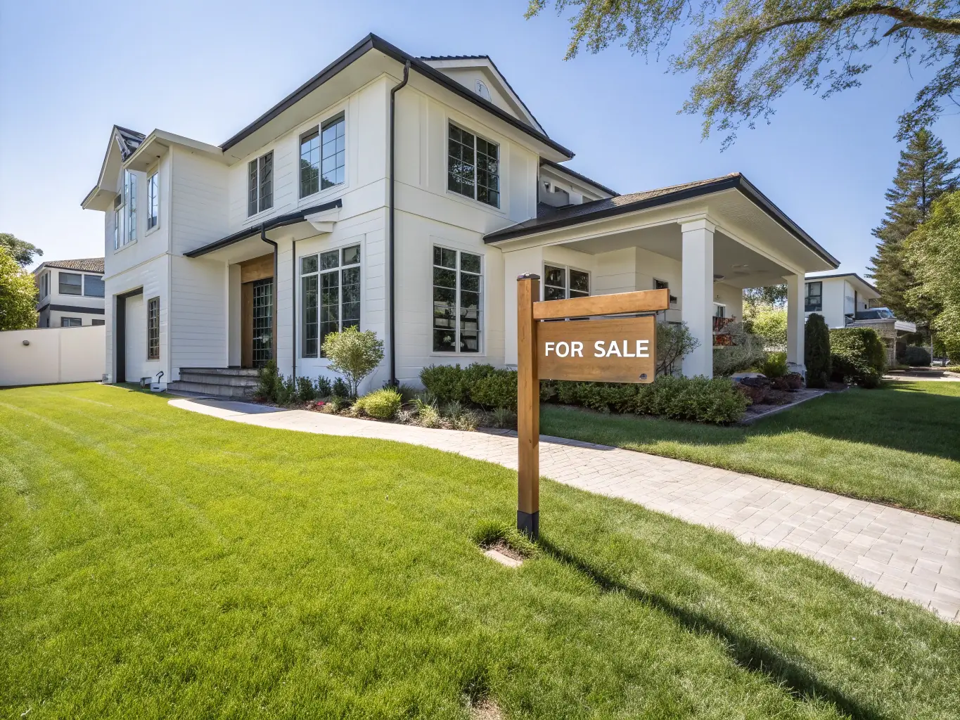 A modern home exterior with a 'Sold' sign in the front yard, bathed in warm sunlight, symbolizing residential property transactions.