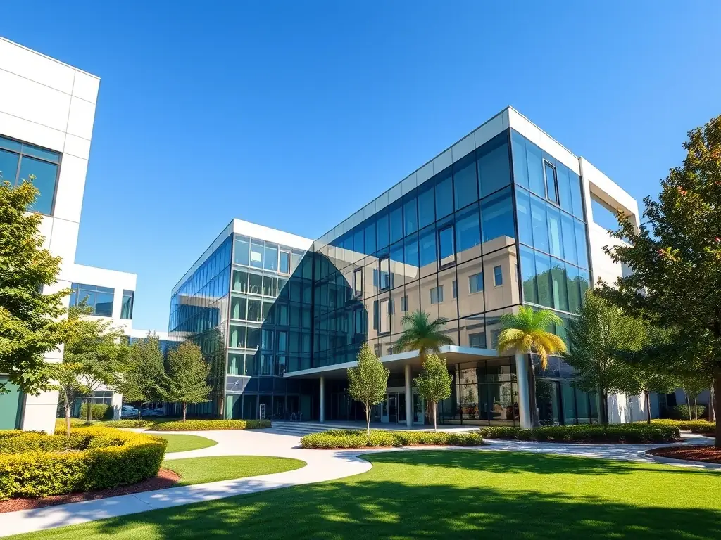 A modern office building with glass facade reflecting the sky, symbolizing commercial real estate transactions.