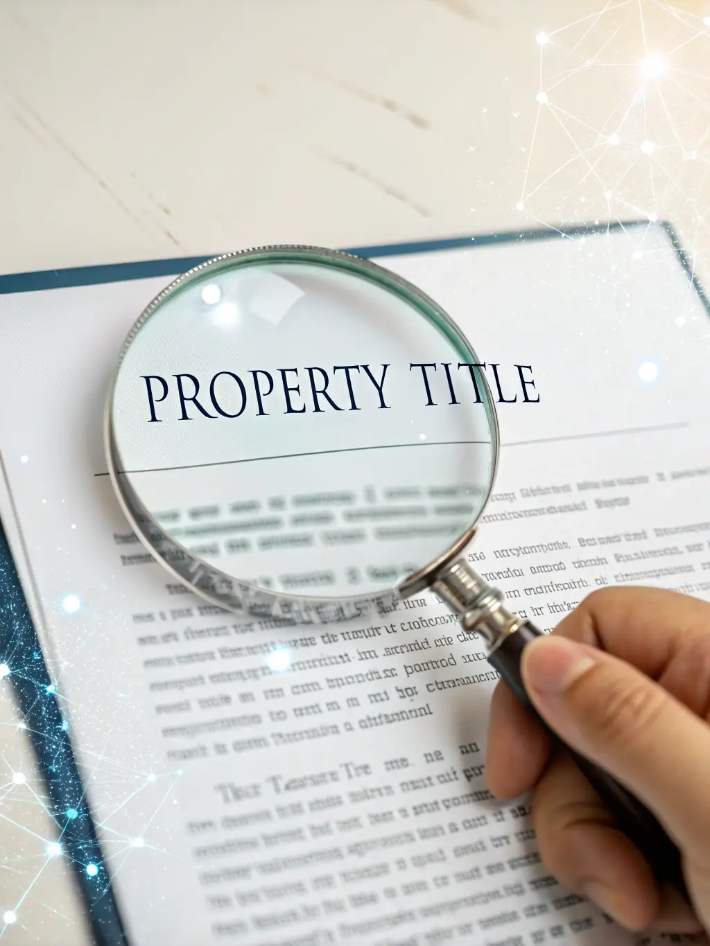 An image of a hand holding a magnifying glass over a real estate document, symbolizing meticulous title examination.