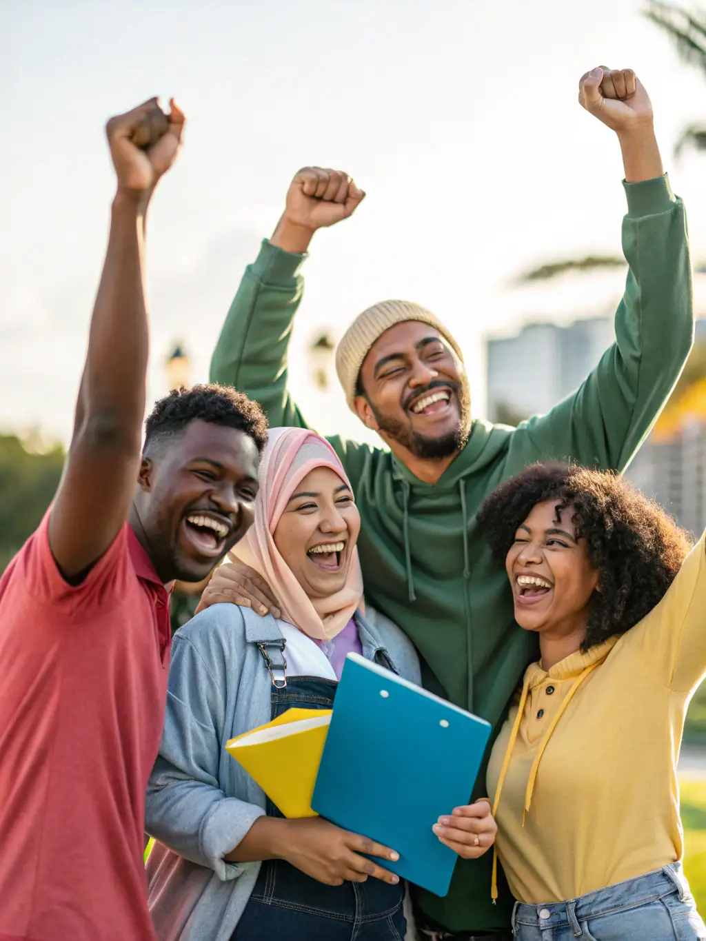 A diverse group of people celebrating a real estate closing, highlighting the inclusive and supportive environment provided by Sterling National Title.